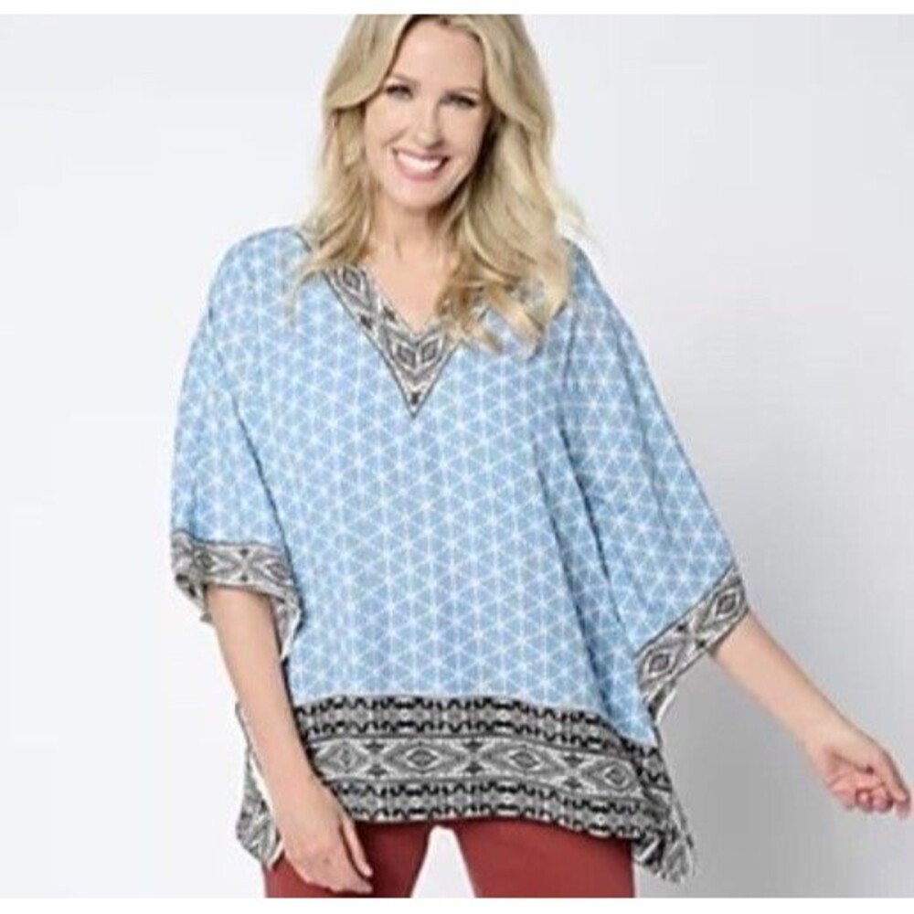 Belle Kim Gravel 2X Poncho Kimono Tunic Top Aztec BOHO Western V-Neck Blue